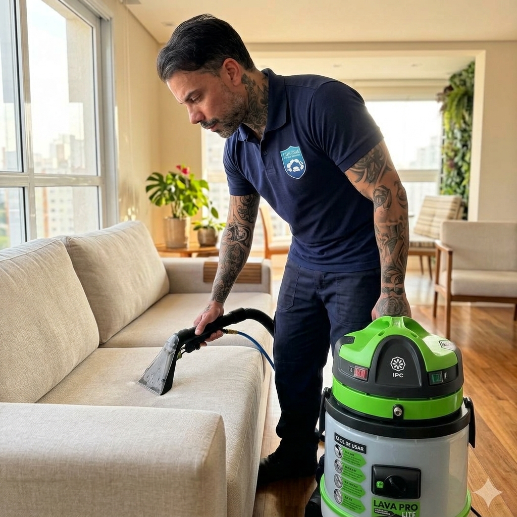 Técnico da Higii Team higienizando um sofá com equipamento profissional de extração