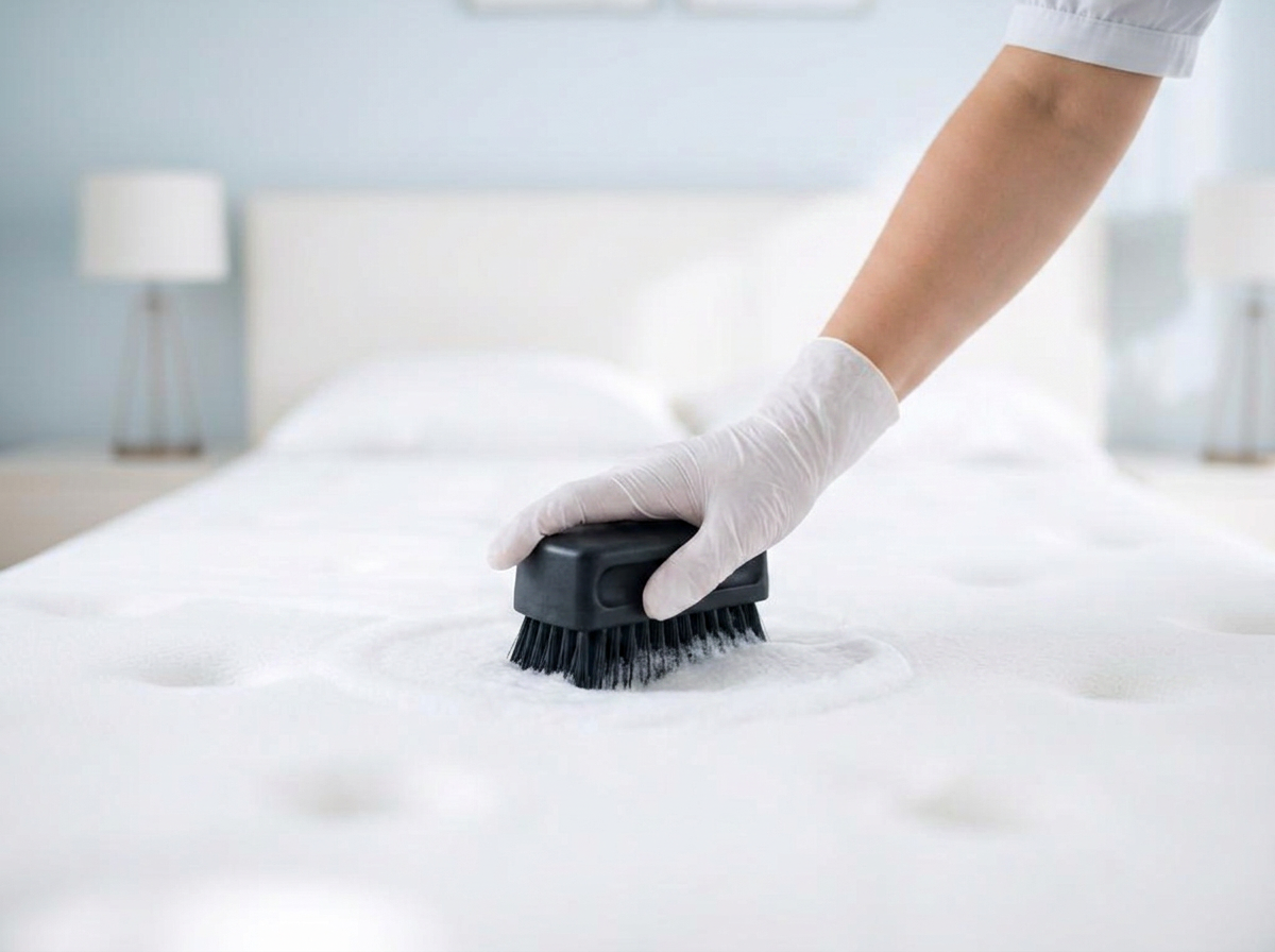 Mão com luva escovando colchão branco com escova preta durante higienização