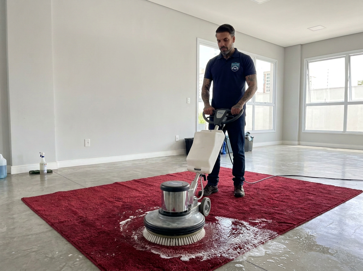 Profissional da Higii Team limpando tapete vermelho com enceradeira em lavanderia clean com tapetes empilhados ao fundo